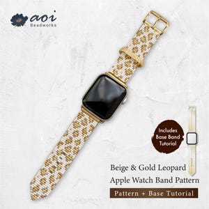 May include: An Apple Watch band with a beige and gold leopard pattern. The band is made of small beads and has a gold buckle. The watch face is black. The text on the image says "Beige & Gold Leopard Apple Watch Band Pattern".