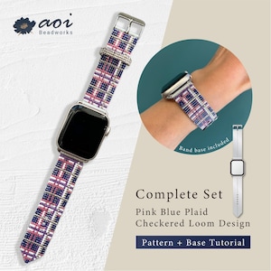 May include: A complete set for a smart watch band with a pink and blue plaid checkered loom design. The band includes a base tutorial. The band is shown on a wrist and also separately. The brand name "aoi Beadworks" is visible.