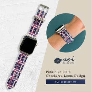 May include: A pink, blue, and white plaid patterned watch band with a silver buckle and a silver watch face. The watch band is shown on a wrist and also displayed separately. The text on the image says "Pink Blue Plaid Checkered Loom Design".