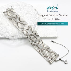 May include: A white and silver loom bracelet with a snake design. The bracelet is constructed from small, square beads and features a silver clasp. The image text reads "Elegant White Snake" and "Loom Bracelet Patterns".