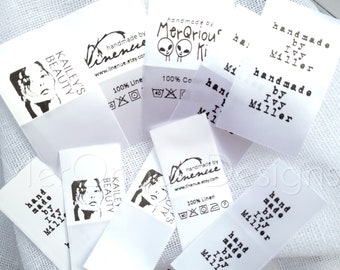 Etiquetas de tela satinada personalizadas: etiquetas para ropa personalizadas, etiquetas para coser con nombre y cuidado, etiquetas blancas con cinta para prendas.