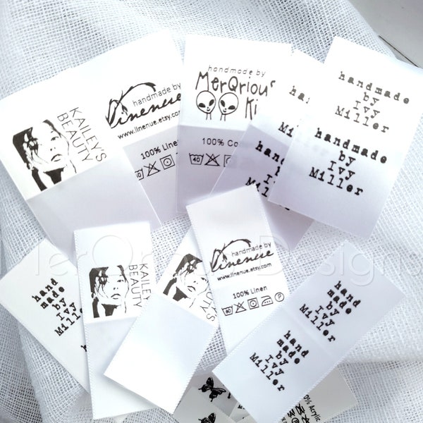 Custom White Satin Labels.  Personalized labels. Garment Labels. Care Labels. Name Tags. Sew in Labels. Fabric Labels. Custom Fabric Labels