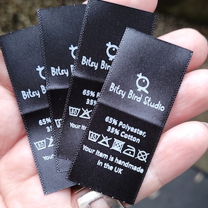 Custom Black Satin Labels.  Washable Garment Labels. Name Tags. Sew in Labels. Fabric Labels. Custom Fabric Labels