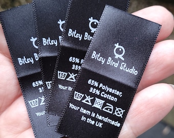 Black Satin Clothing Labels - Custom Washable Name Tags, Personalized Sew-In Fabric Labels