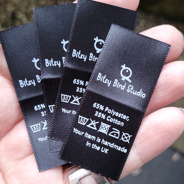 Custom Black Satin Labels.  Washable Garment Labels. Name Tags. Sew in Labels. Fabric Labels. Custom Fabric Labels