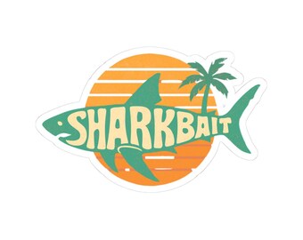 Adesivo recortado com o logotipo da Sharkbait Surf | adesivo de pôr do sol com tubarão e palmeiras