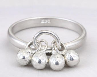 Handmade Sterling Silver Dangle Ring, Minimalist Jingle Ball Charm