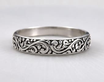 Sterling Silver Floral Band Ring - Vintage Filigree Wedding Band - Engraved Scroll Pattern Ring - Oxidized Silver Boho Ring - Antique Style