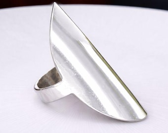 Solid 925 Sterling Silver Long Shield Ring, Minimalist Bold Statement Ring, Large Plain Full Finger Armor Ring, Modern Geometric Gift
