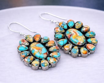 Kolczyki z turkusem i kolcami w kształcie ostryg, biżuteria boho ze srebra próby 925