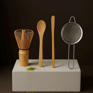 Può includere: Un set da tè matcha con una frusta di bambù, un cucchiaio di legno, una spatola e un colino in acciaio inossidabile. Gli strumenti sono disposti su un blocco bianco con polvere di matcha verde sparsa, su uno sfondo scuro.