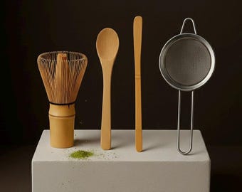 Matcha Starter Kit - 4 PCS Bamboo Whisk, Scoop, Spoon & Stainless Steel Sifter | Japanese Tea Ceremony Tools