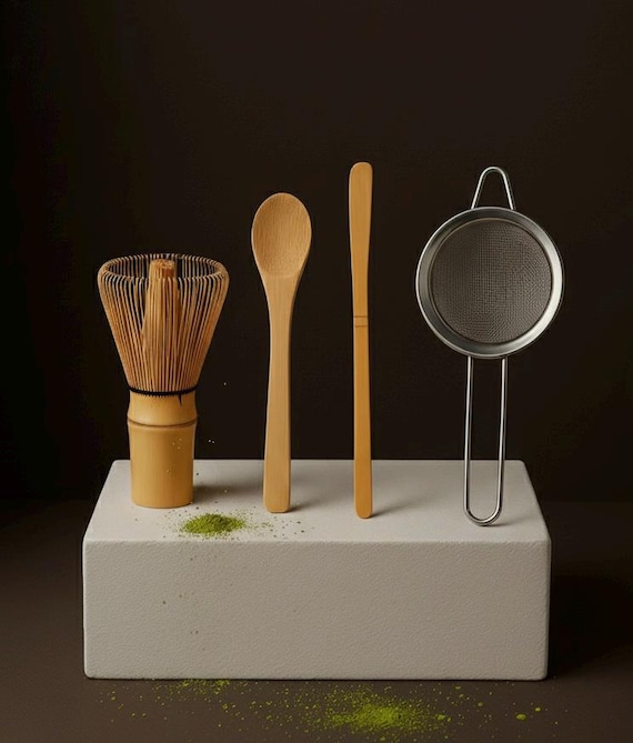 Matcha Starter Kit - 4 PCS Bamboo Whisk, Scoop, Spoon & Stainless Steel Sifter | Japanese Tea Ceremony Tools