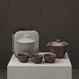 May include: A dark brown ceramic tea set consisting of a lidded teapot with black Chinese calligraphy and three matching small tea cups. The set includes a light gray, semi-rigid, zippered carrying case with a handle for storage and transport.