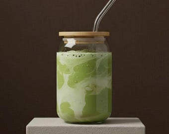 Elegante tazza da matcha in vetro con coperchio in bambù e cannuccia in vetro, 350 ml/550 ml, ideale come regalo per tè freddo o latte macchiato.