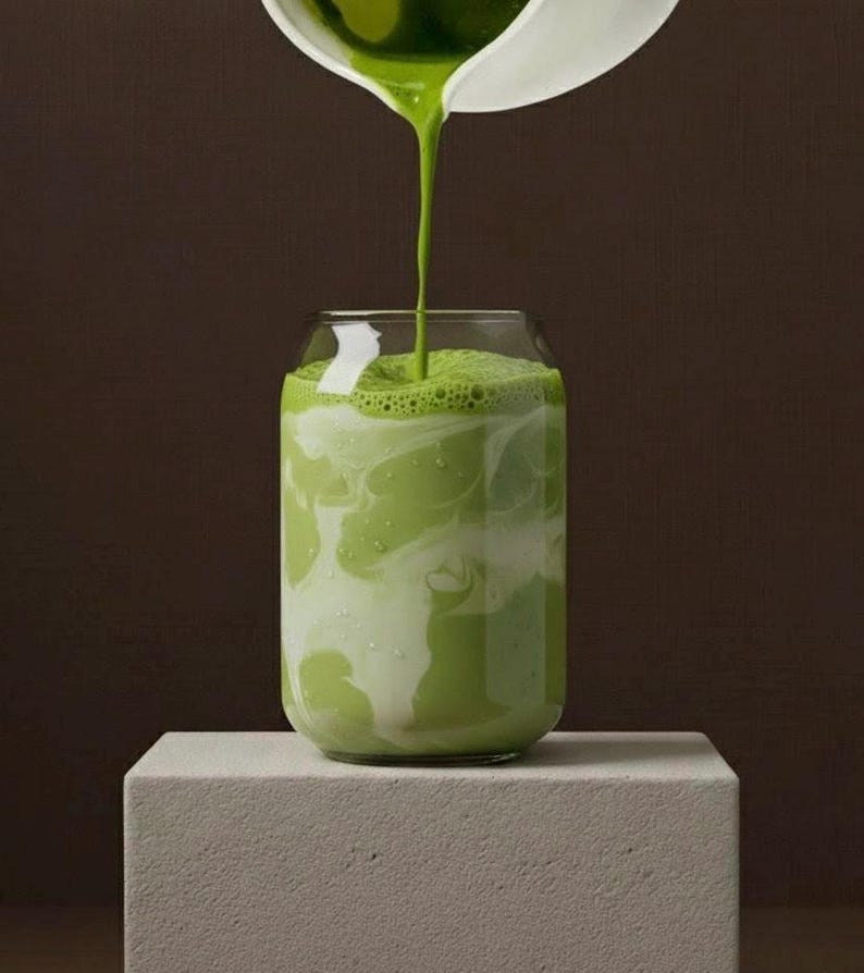 Peut inclure: Un verre transparent rempli d'une boisson verte et de tourbillons blancs, avec plus de liquide vert vers&eacute; d'un pichet blanc. La boisson est sur un bloc blanc sur fond marron.