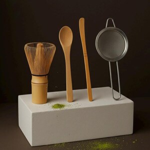 Matcha Starter Kit - 4 PCS Bamboo Whisk, Scoop, Spoon & Stainless Steel Sifter | Japanese Tea Ceremony Tools image 3