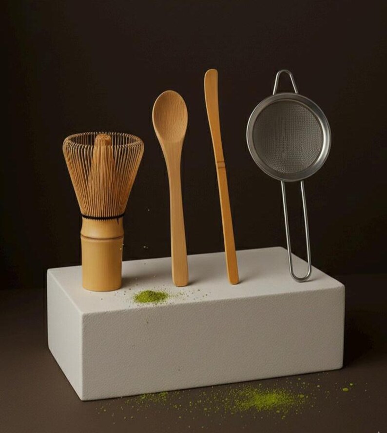Matcha Starter Kit - 4 PCS Bamboo Whisk, Scoop, Spoon & Stainless Steel Sifter | Japanese Tea Ceremony Tools image 3