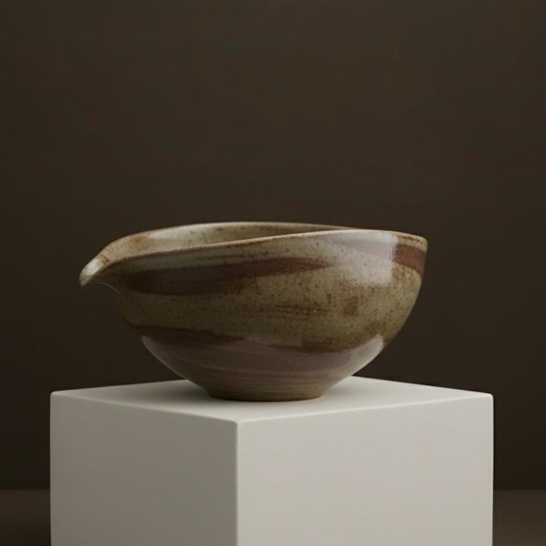 May include: A handmade ceramic bowl with a spout, resting on a white pedestal. The bowl features a speckled, earthy color palette with brown brushstrokes. The design is organic and the bowl appears to be glazed.