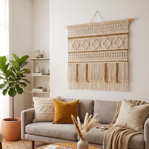 May include: A beige macrame wall hanging with geometric patterns and fringe hangs above a gray sofa with decorative pillows. A round wooden coffee table holds books and a vase with dried plants. A potted plant sits to the left.