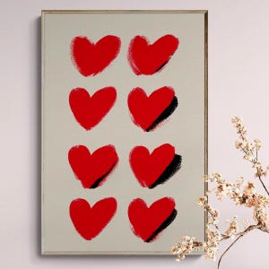 Modern Heart Wall Art Print, Minimal Red Hearts Poster, Valentine Gift Printable, Abstract Love Wall Decor, Digital Download