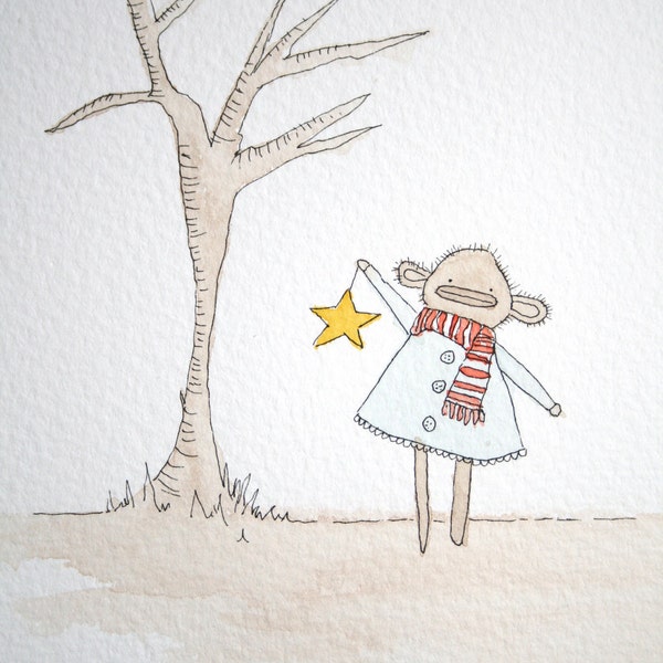 Original Watercolour Painting & Black Ink Drawing - Poosac with Christmas Star