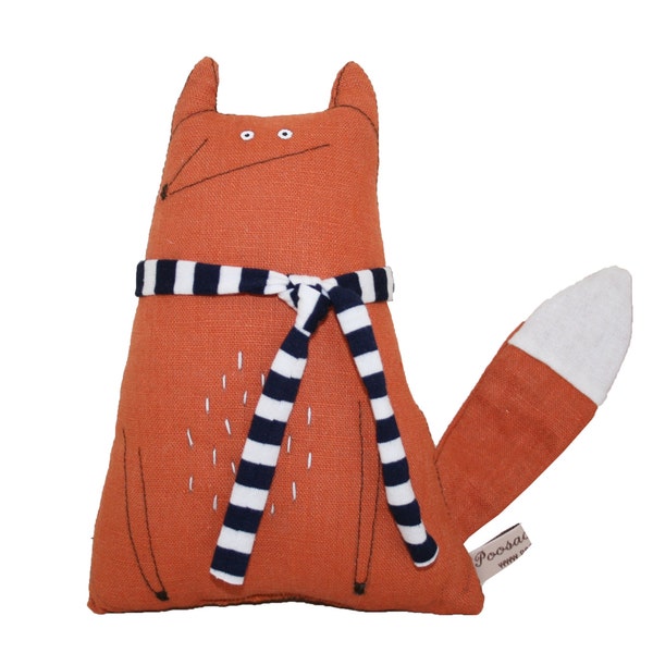 Soft-Skulptur mit Marine und weißen Schal, handbestickte Orange Leinen Fox Textilkunst, Poosac Fuchs,