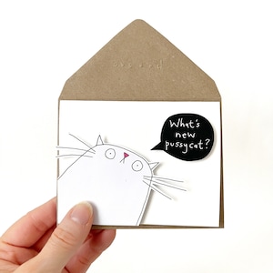 Carte d'anniversaire drôle de chat, quoi de neuf minou ? Carte de voeux kawaii faite main, cadeau mignon pour amoureux des chats