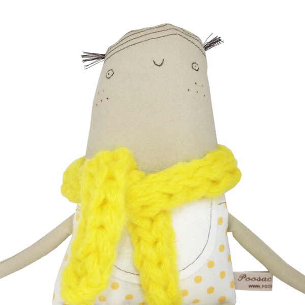 SALE 50% Off - OOAK Art Doll with Neon Yellow Scarf, Handmade Plush Art Doll, Soft Toy Doll, Gift for Daughter, Poosac