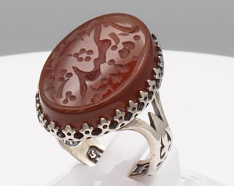 Anillo de hombre en plata 925 con ágata Yemen - Aqeeq Yamani - عقيق يماني منقوش يا حميد
