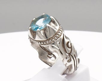 Herenring van 925 sterling zilver met echte blauwe topaas - handgemaakte gravure: Ya Ali