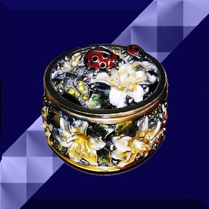Trinket Box; Brass and Pewter with Enameled Lillies,Gemstones and Two Little Ladybugs.