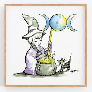 Puede incluir: Una ilustración de acuarela de una bruja revolviendo una caldera con una cuchara de madera. Lleva una túnica morada y un sombrero puntiagudo. El símbolo de la triple luna está en un palo detrás de ella. Un gato negro la está mirando.