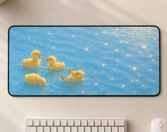 Alfombrilla de ratón Sparkling Water Duckling, tapete de escritorio de arte neón lo-fi, espacio de trabajo para gamers en tonos pastel.