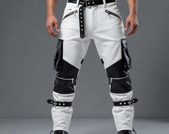 Handmade Cowhide Leather Biker Pants – White & Black Gothic Cargo, Custom Fit