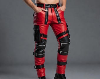 Red & Black Cowhide Leather Pants: Custom Gothic Biker Trousers