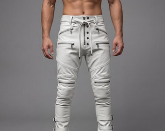 Weiße Rindsleder Cargohose für Männer Handgemachte Gothic Biker Gebrauchs Hose Custom Fit