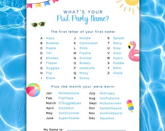 Pool Party Name Game, Name Generator for Summer Fun at the Pool, What's Your Pool Party Name