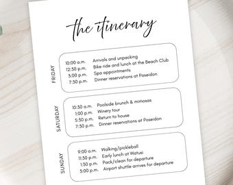 Event Itinerary Template, Editable Schedule, Travel Itinerary for Girls Trip, Reunion, Birthday, Bachelorette