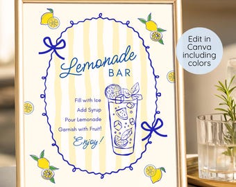 Lemonade Bar Sign Template, Editable Canva