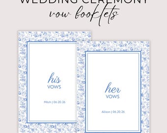 Wedding Vow Book Templates, Blue Floral His and Her Vow Booklets (Canva Template)