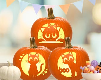 Cat Pumpkin Stencils, Cute Cat Pumpkin Carving Stencil Bundle, Halloween Jack-O-Lantern Templates, Kitty Stencils