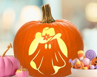 Cowgirl Ghost Pumpkin Stencil, Cute Cowboy Ghost Pumpkin Carving Stencil, Halloween Jack-O-Lantern Template