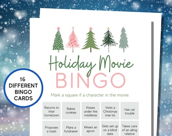 May include: A white sheet of paper with a holiday movie bingo game. The title "Holiday Movie Bingo" is in green and pink. The game includes 16 different bingo cards. The game includes squares like "Kisses under the mistletoe" and "Has car trouble."
