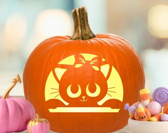 Cat Pumpkin Stencil, Cute Cat Pumpkin Carving Stencil, Halloween Jack-O-Lantern Template
