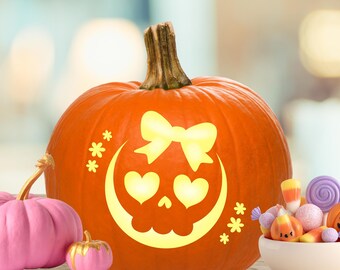 Skull Pumpkin Stencil, Coquette Skull Pumpkin Carving Pattern, Cutecore Halloween Jack-O-Lantern Template