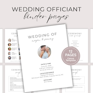 May include: A set of white binder pages designed for a wedding officiant. The pages include a wedding timeline, ceremony script, and notes. The cover page features a photo of a couple and the text "Wedding of megan & sammy."