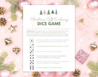 Printable Christmas Dice Game, Printable Gift Exchange Game, Pass the Gift Game, Pink Christmas Game