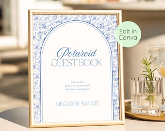 Polaroid Guest Book Sign Template, Wedding Photo Guestbook Sign, Editable Photo Booth Sign, Dusty Blue Wedding Sign