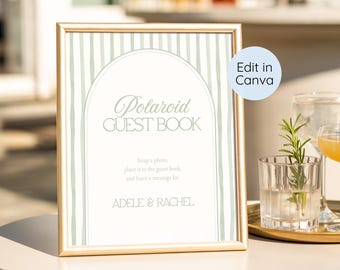 Polaroid Guest Book Sign Template, Green Stripes Wedding Photo Guestbook Sign, Editable Photo Booth Sign, Sage Green Wedding Sign